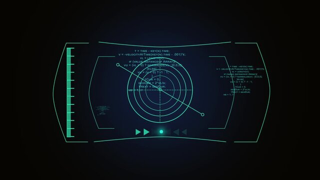Cyan futuristic HUD display with radar and navigation dials. Technical cyan futuristic HUD display for virtual software monitoring dashboards. Advanced cyan HUD screen.