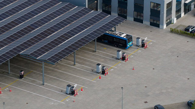 Purmerend, Netherlands - 15 June 2026: Aerial drone view of the EBS charging hub in Purmerend, zero emission buses, sustainable public transport infrastructure.
