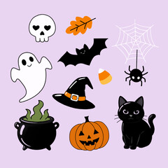 Cute Halloween Clipart Set with Ghost, Black Cat, Pumpkin, Bat and Witch Hat, Cauldron, Spiderman, jack-o-lantern with pura ke pastel background  © Deara