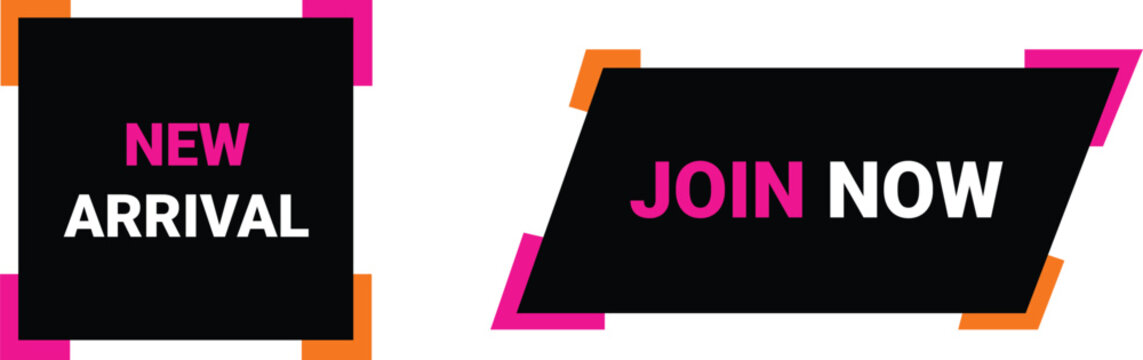 Modern promotional banner templates with pink and orange geometric elements. Dynamic badges featuring new arrival and join now text. Vector graphic set for online marketing.