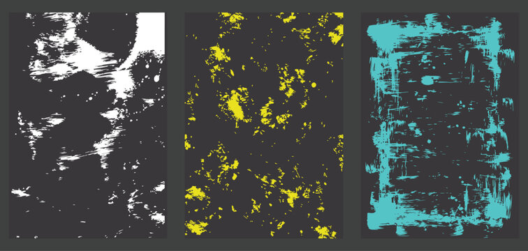 Flat vector triptych showcasing abstract noise patterns in contrasting white, yellow, and cyan tones on black backgrounds.