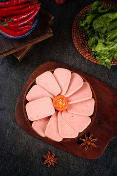 Delicious Pork Luncheon Meat Slices with Fresh Vegetables and Spices