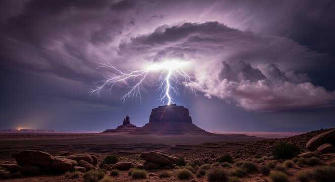 Powerful lightning strike hitting a mesa during a dramatic thunderstorm