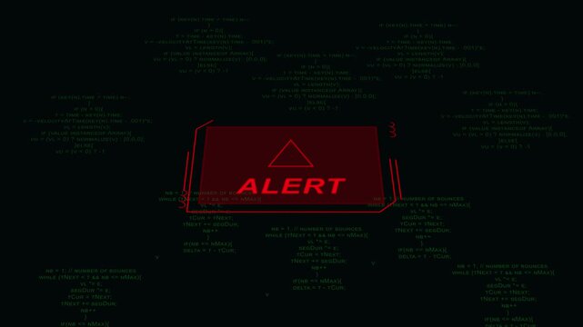 Computer code with red alert triangle and glitch effect. Cyber computer code with red alert triangle for system firewall malware breach warning. Critical error code screen.