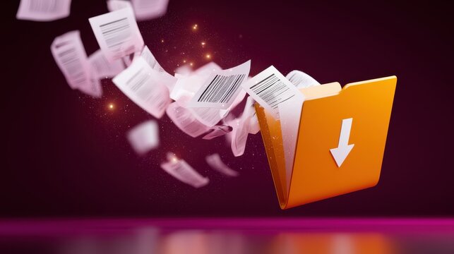 Digital data organization and document archiving concept with flying papers and folder icon