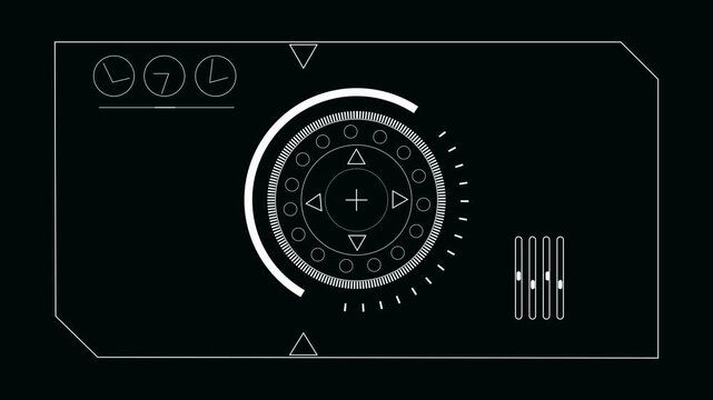 Futuristic HUD interface with crosshairs and dials panel. Technical futuristic HUD interface with crosshairs for virtual control dashboards. High tech HUD screen on black.