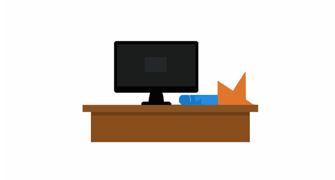 Geometric flat vector icon symbol of workshop table with computer monitor and drafting tools for creative workspace concept