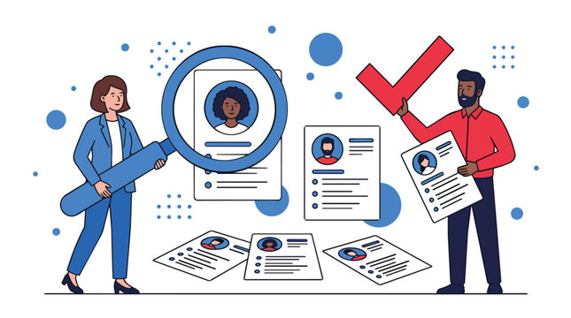 Recruitment process screening candidates in modern flat vector for talent acquisition