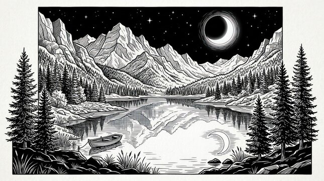 Eclipse over mountain lake woodcut landscape with reflections