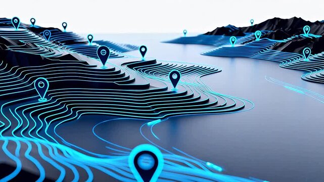 Digital landscape with glowing lines and markers