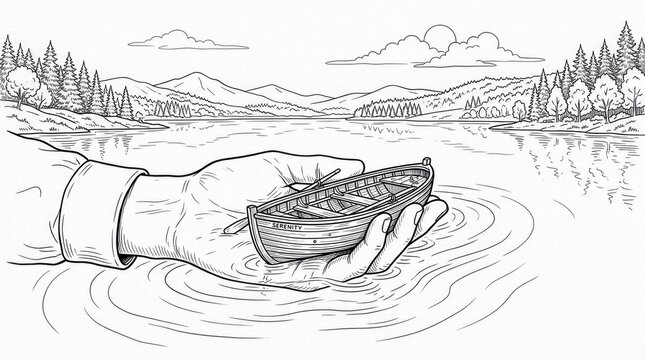 Hand holding miniature boat above rippling water in serene landscape