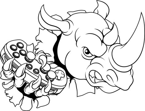 A Rhino Rhinoceros gamer sports video game gaming mascot holding a games controller