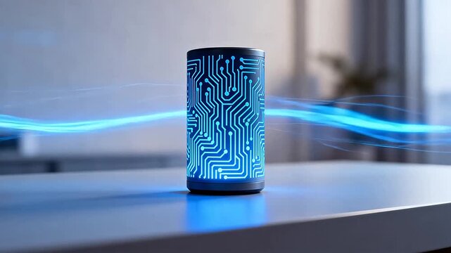 Cylindrical device with glowing circuit design