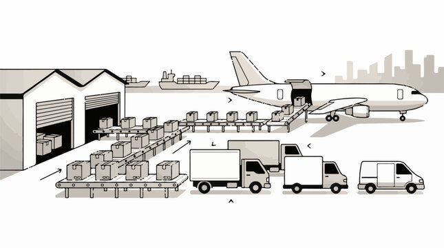 A large airplane with cargo being loaded onto conveyor belts