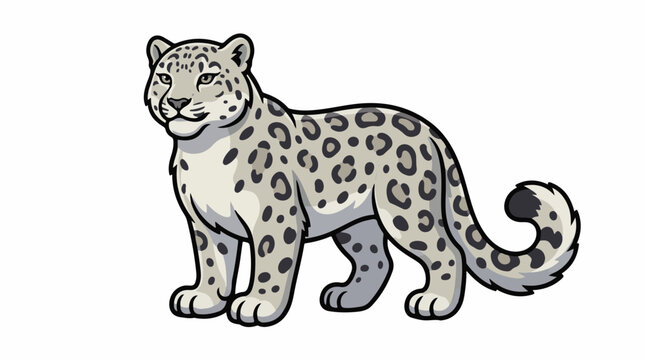 A cartoon-style illustration of a snow leopard with a white and gray coat and black spots