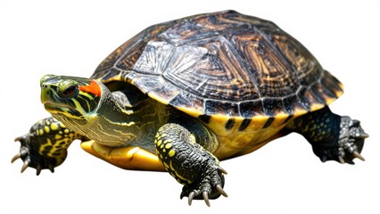 Obraz premium Red-Eared Slider Turtle on White Background: A detailed close-up of a Red-Eared Slider turtle showcasing its patterned shell, distinct markings, and clawed feet on a plain white backdrop.