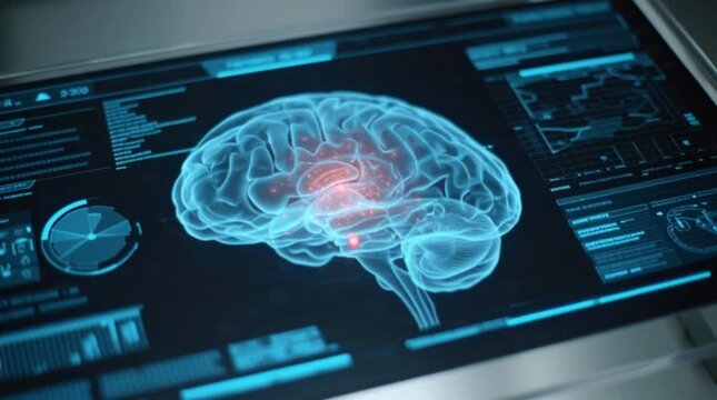 Futuristic digital interface displaying a 3D hologram of a human brain with neural activity data
