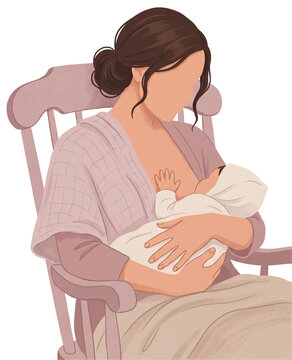 Simple Minimalist Illustration of mother breastfeeding her baby on a rocking chair