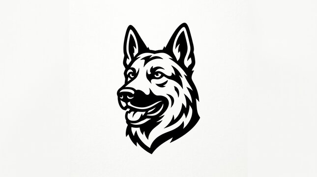Bold black and white graphic illustration of a German shepherd dog head for creative projects