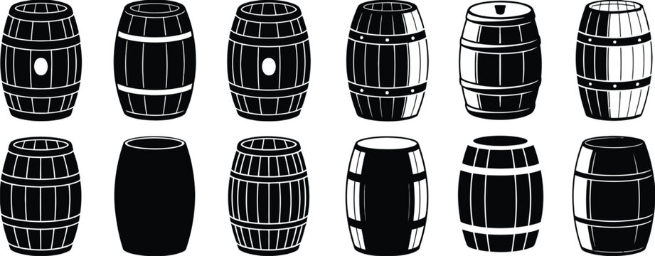 Vintage wooden barrel collection vector illustration, isolated black whiskey and wine cask set for brewery design elements and icons bundle