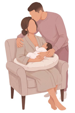 Simple Minimalist Illustration of mother father and their baby sitting on a couch