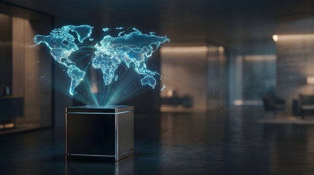 Digital world map hologram projecting from a sleek cube in a modern office