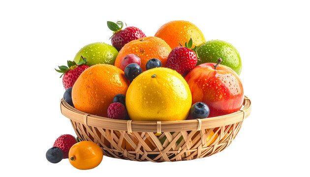 Fresh fruit basket with variety of citrus, berries and apples isolated on white background