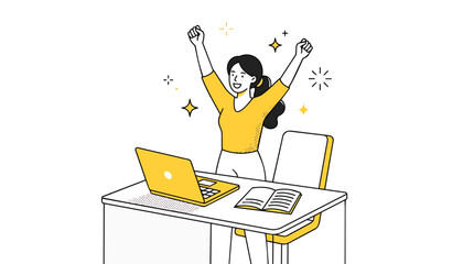 Fototapeta premium Successful female student celebrating victory in minimalist line art vector style for online education platforms