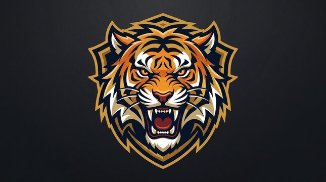 Fierce tiger head mascot logo design featuring bold orange stripes and sharp fangs on shield