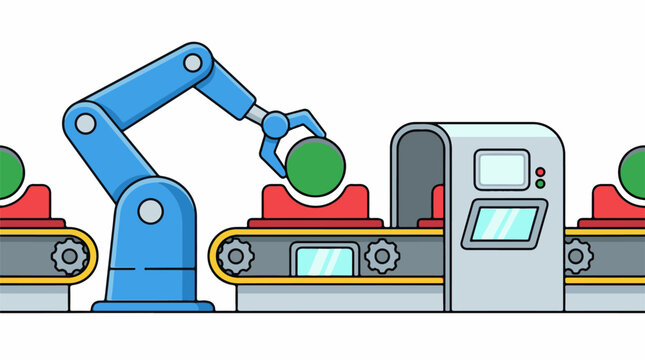 A blue robotic arm picks a green sphere from a conveyor belt with red platforms and gray gear mechanisms, alongside a gray control panel