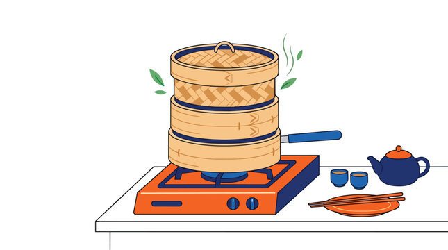 Bamboo dim sum steamer tiers cooking on gas stove in vibrant flat vector for asian restaurant marketing