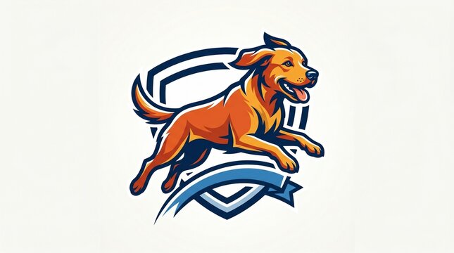 Vibrant orange dog jumping in front of a blue shield emblem for a sports team logo