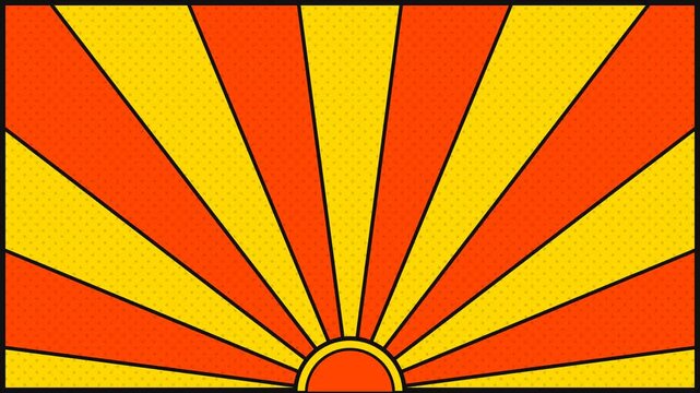Pop art style sunburst background with orange and yellow rays.
