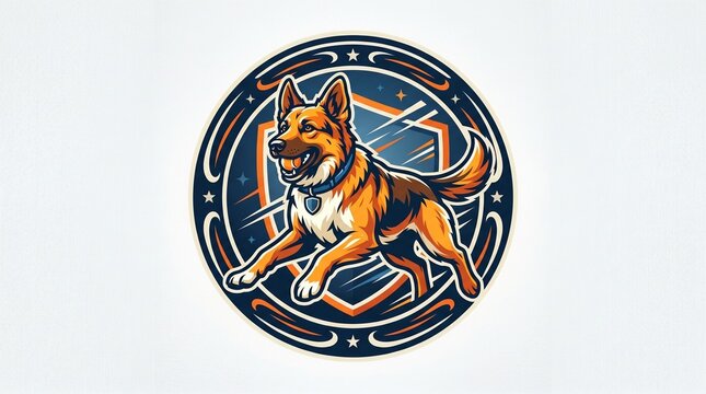 Dynamic german shepherd dog illustration featuring a circular badge design with vibrant orange and blue colors