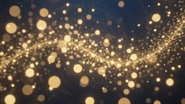Abstract golden spiral light particles on dark blue background, festive glowing swirl effect, magical stardust trail, luxury celebration backdrop design