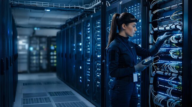 Female technician repairing network cables in a modern data center server room