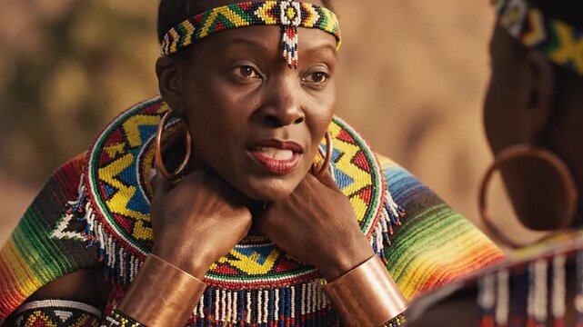 African woman in traditional colorful beadwork and jewelry speaking