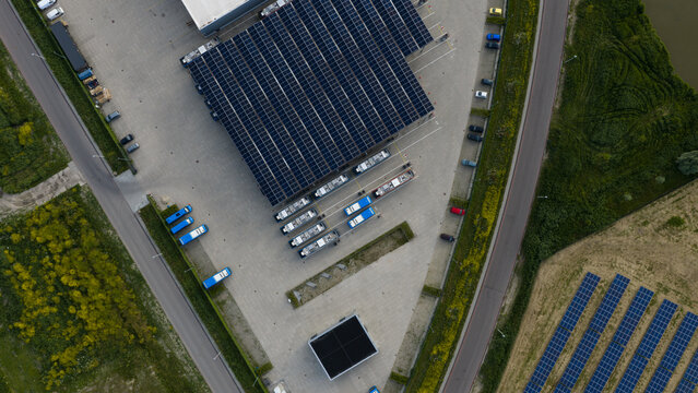 Purmerend, Netherlands - 15 June 2026: Aerial drone view of the EBS charging hub in Purmerend, zero emission buses, sustainable public transport infrastructure.