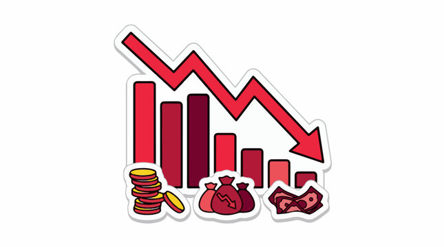 A sticker of a downward-trending graph with coins, money bags