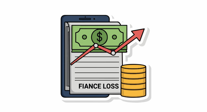 A cartoon smartphone displays a rising graph on a fiance loss document with a dollar bill and coins