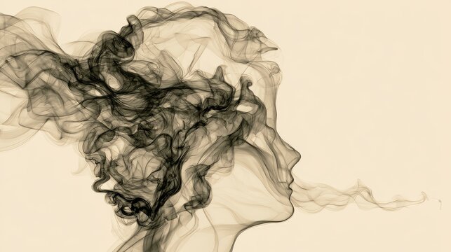 Ethereal profile emerging from swirling dark smoke on a light background