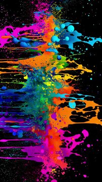 Vibrant colorful paint splashes on a black background, vertical video featuring dynamic liquid bursts, abstract motion and artistic visual effects