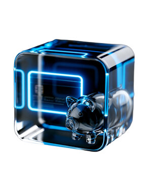 Glass cube with a digital piggy bank and credit card, 3D finance and banking concept isolated on transparent background