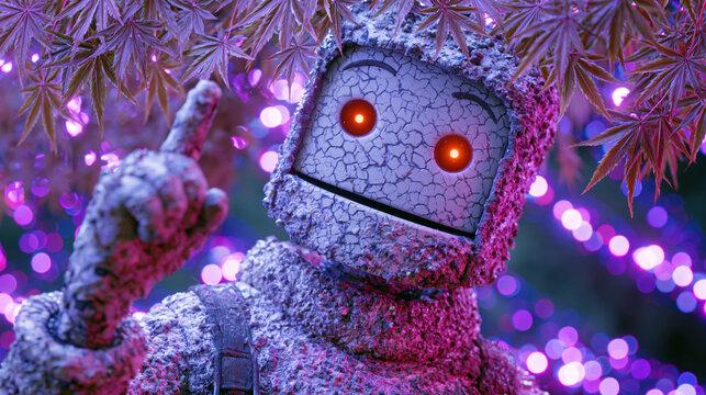Damaged Robot Face with Glowing Red Eyes Against Vivid Purple Magenta Bokeh Background