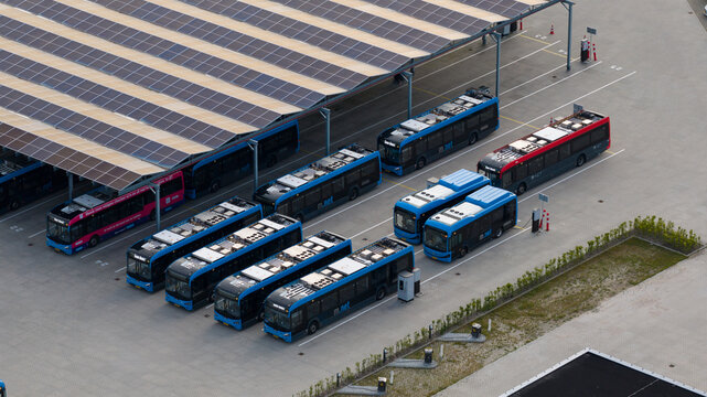 Purmerend, Netherlands - 15 June 2026: Aerial drone view of the EBS charging hub in Purmerend, zero emission buses, sustainable public transport infrastructure.