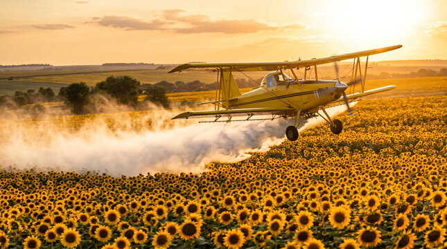 Yellow biplane crop duster spraying a blooming sunflower field at sunset.