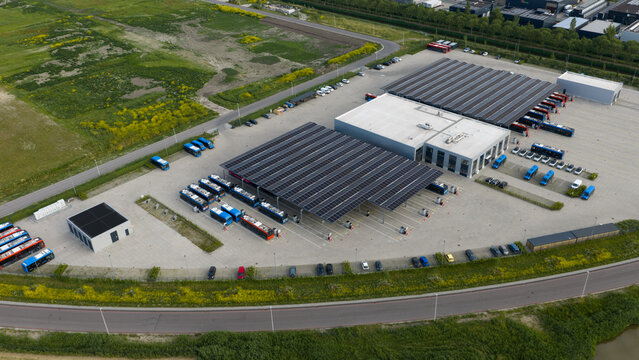 Purmerend, Netherlands - 15 June 2026: Aerial drone view of the EBS charging hub in Purmerend, zero emission buses, sustainable public transport infrastructure.