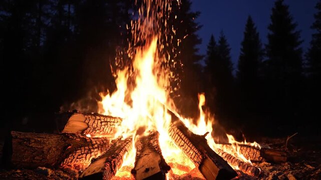 Bright bonfire with flying sparks burning in a pine forest at night.
