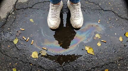 Naklejka premium A top-down view of a pair of dirty white sneakers standing in a puddle with an oil spill and cigarette butts on cracked asphalt