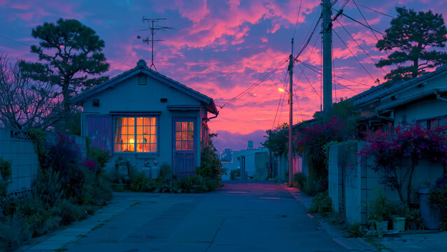 赤紫に染まった夕暮れの空と住宅街のノスタルジックな風景